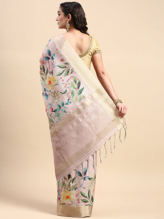 Colourful Semi Raw Silk Pink Flower Printed Saree SRS26