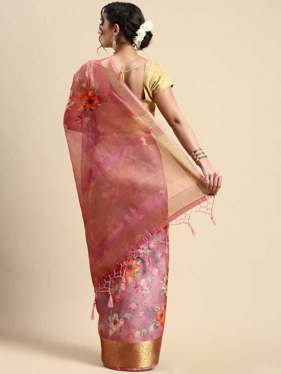 Semi Chanderi Pink Flower Printed with Jari Border Saree SOS06