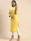 Cotton Embroidered Mandarin Collar Straight Cut Lemon Yellow Kurti EK24