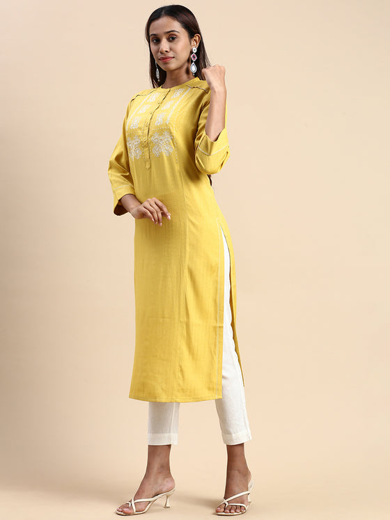 Cotton Embroidered Mandarin Collar Straight Cut Lemon Yellow Kurti EK24