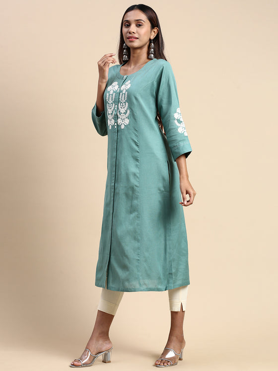 Cotton Embroidered Round Neck Straight Cut Green Kurti EK32