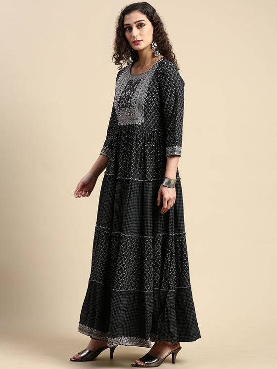 Elagent Embroidered and Printed Black Umbrella Kurti EK17