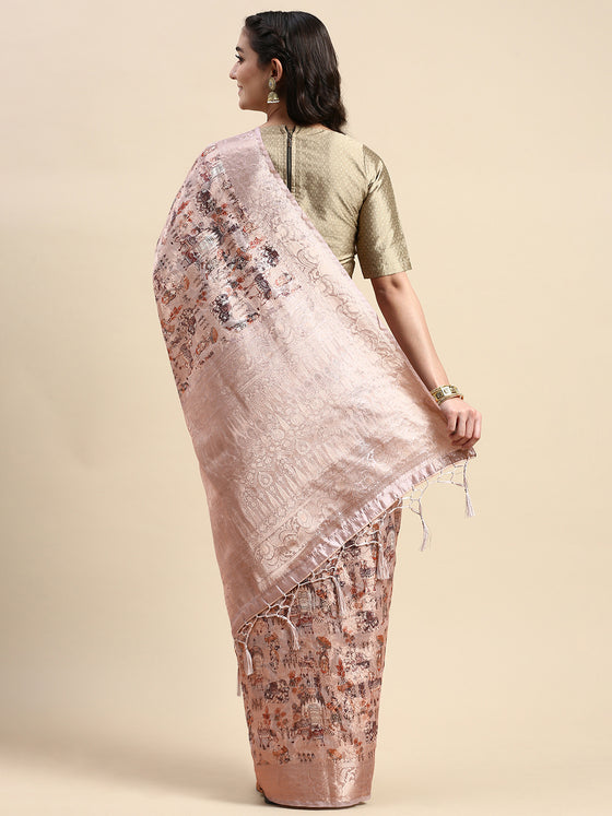 Elegant Dola Silk Pink Digital Print with Jari Border Sarees DS06