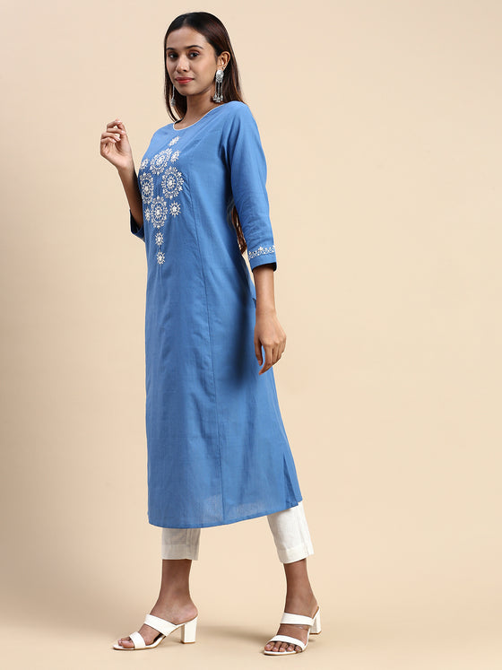 Cotton Embroidered Round Neck Straight Cut Blue Kurti EK37