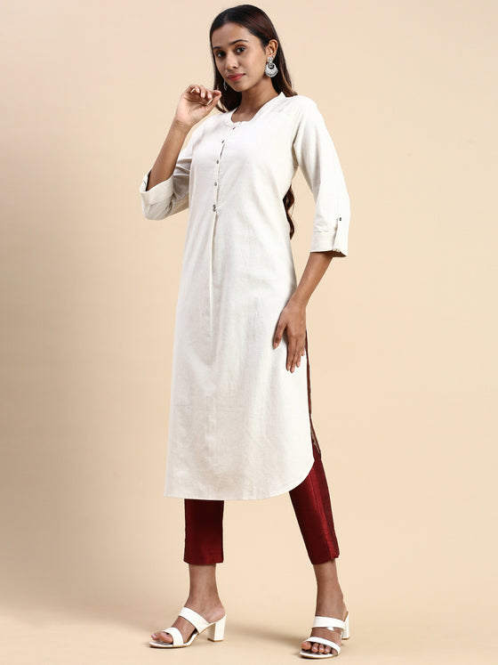 Cotton Plain Round Neck Straight Cut Off White Kurti CPK09