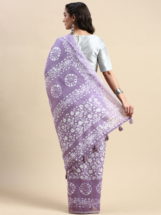 Elegant Semi Linen Flower Digital Print Lavender & White Saree SL64