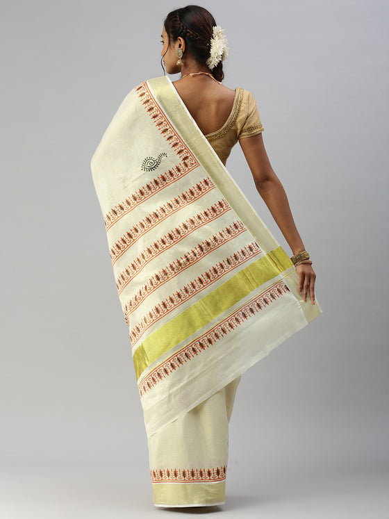 Kerala Tissue Printed Gold Jari Border Saree OKS26 Onam Collection