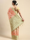 Semi Tussar Peach & Green Flower Printed Saree with Tassels STP16