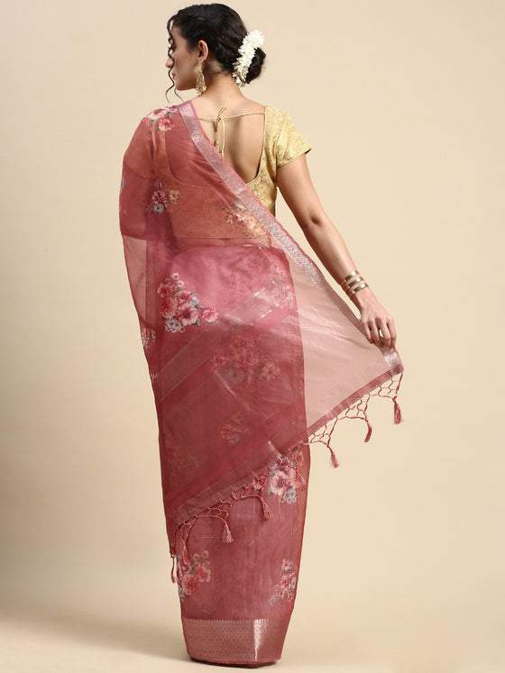 Elegant Semi Linen Brown & Sandal Flower Digital Printed Saree SL55