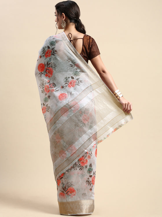 Semi Organza Grey Flower Printed with Jari Border Saree SOS02
