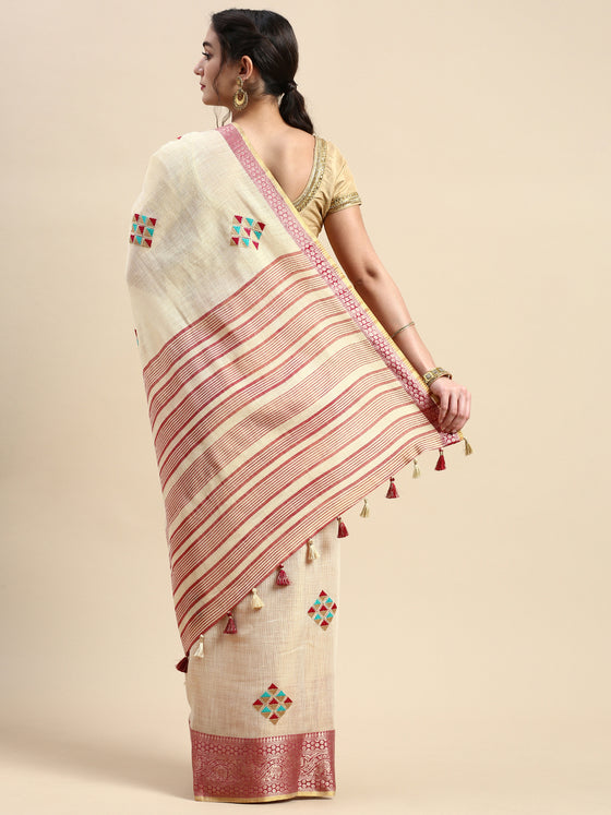 Divine Semi Linen Dark Sandal Diamond Printed Embroidery Saree SLPE02