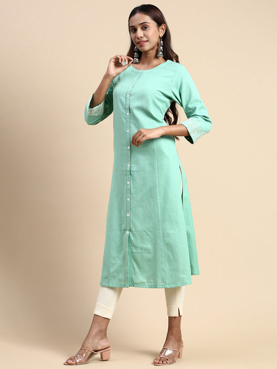Cotton Plain Mandarin Collar Straight Cut Green Kurti CPK04