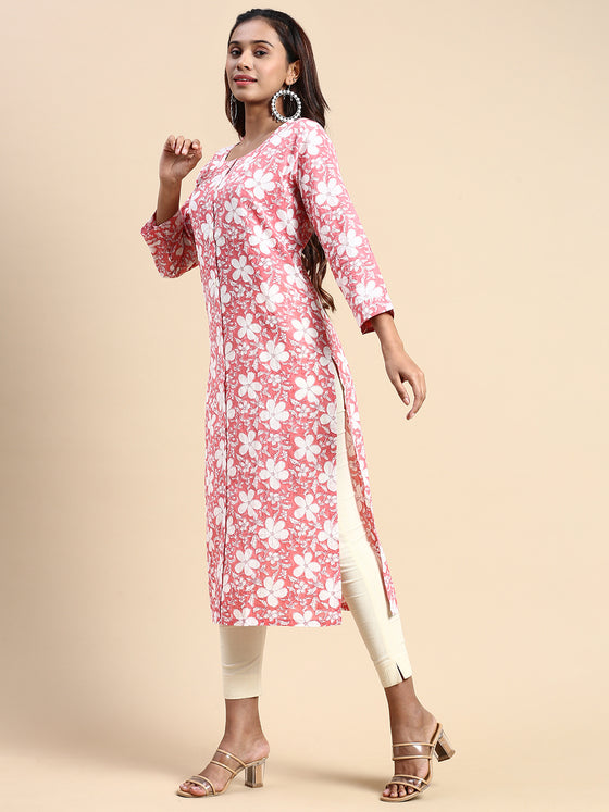 Cotton Printed Round Neck Straight Cut Pink Kurti PK24