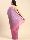 Stylish Grey & Pink Leaf Design Semi Kora Cotton Saree SK85