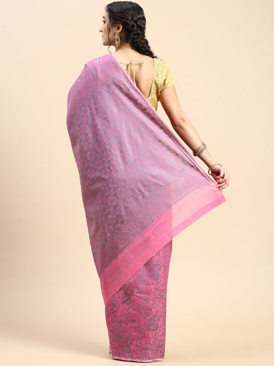 Stylish Grey & Pink Leaf Design Semi Kora Cotton Saree SK85