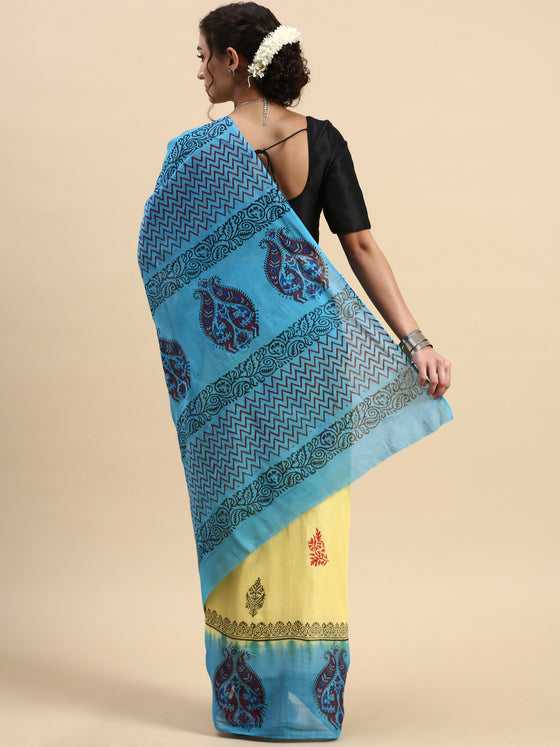 Semi Cotton Printed Saree Yellow and Blue SCS12
