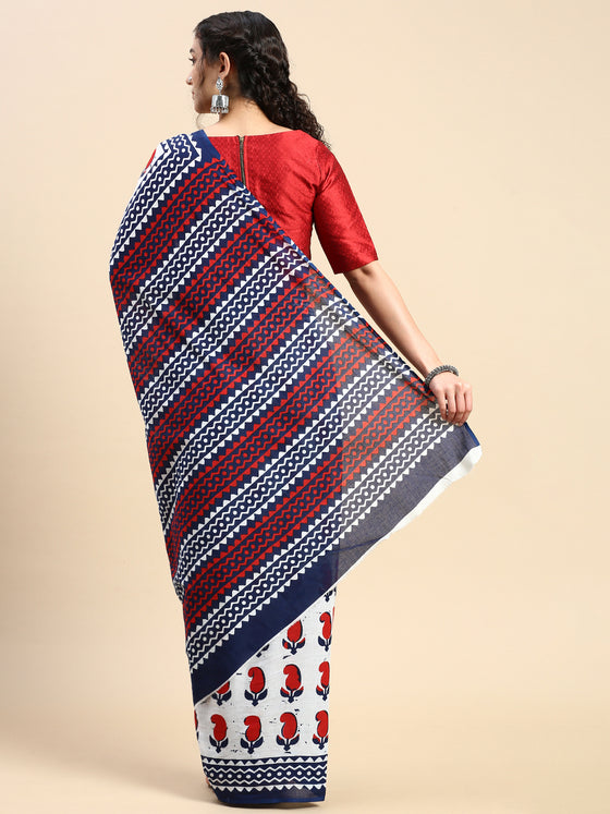 Elegant White & Navy Printed Pure Cotton Saree PCS56