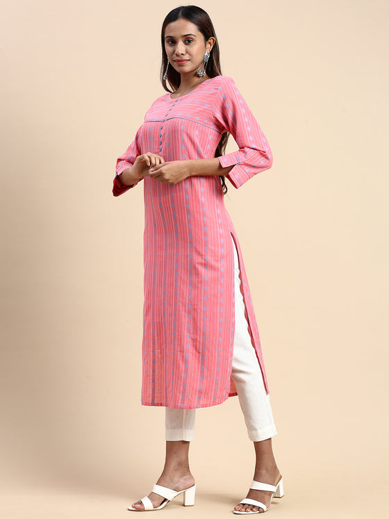 Cotton Embroidered Round Neck Straight Cut Pink Kurti EK40