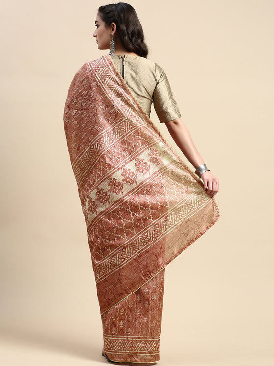 Semi Cotton Brown and Sandal Flower Printed Saree SCS22
