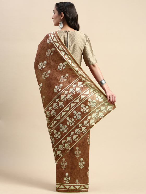 Semi Cotton Brown and Sandal Flower Printed Saree SCS23