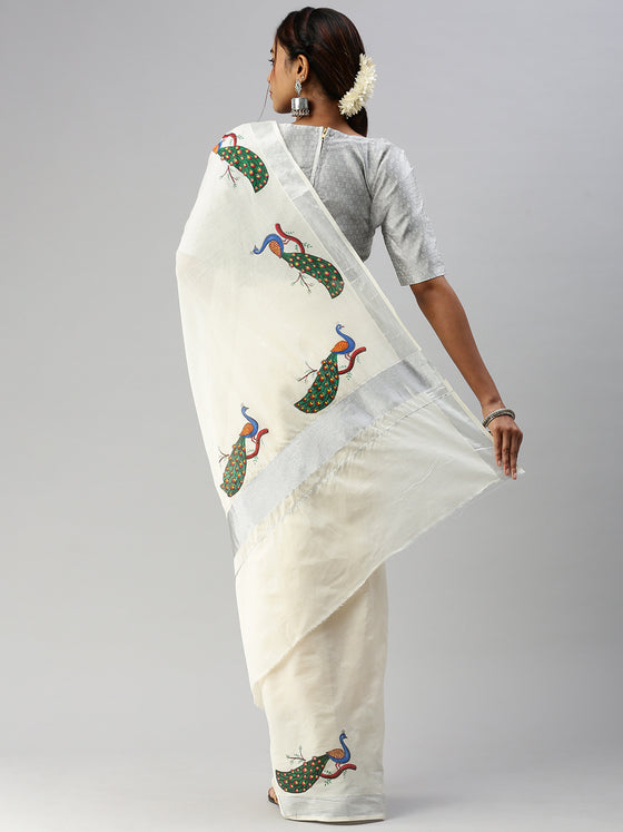 Kerala Off White Peacock Design Printed Silver Jari Saree OKS05