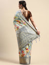 Semi Tussar Grey Flower Printed Saree with Tassels STP17