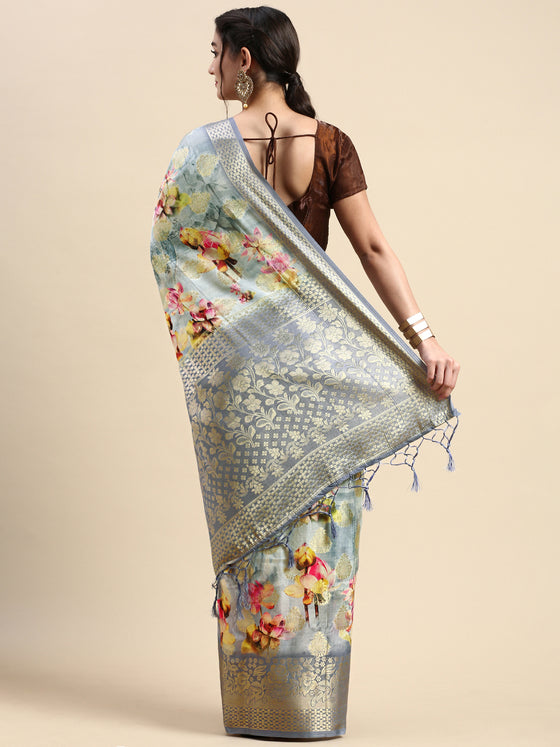 Semi Tussar Grey Flower Printed Saree with Tassels STP17