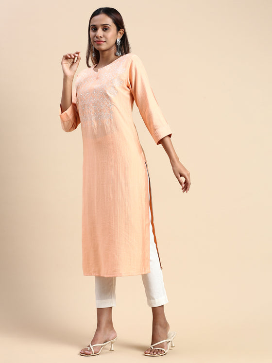 Cotton Embroidered Round Neck Straight Cut Orange Kurti EK34