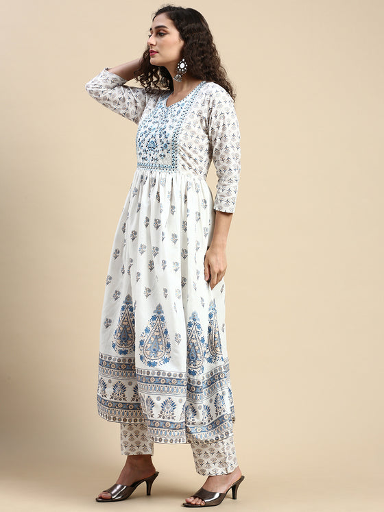 Beautiful White with Blue Printed & Embroidered Kurti Set PKS03