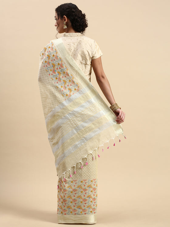 Semi Cotton Printed Saree Sandal and Pink SCS09