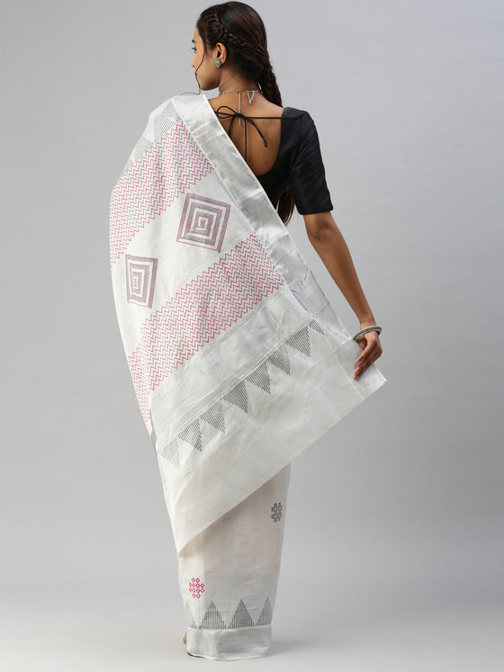 Kerala Tissue Printed Silver Jari Border Saree OKS38 Onam Collection