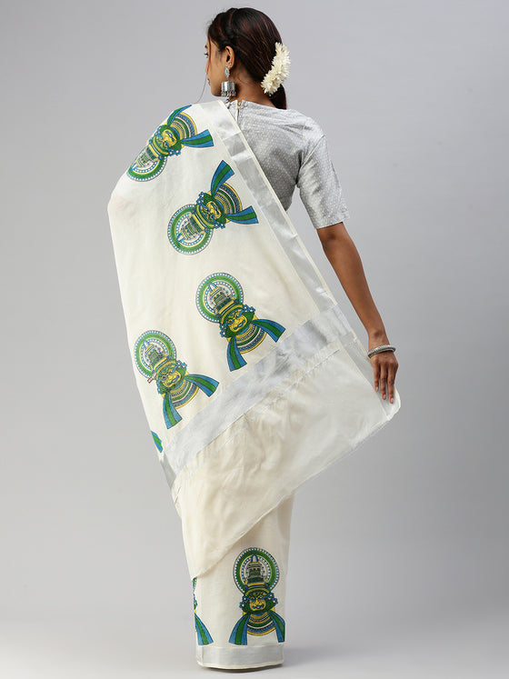 Kerala Off White Kathakali Doll Design Printed Silver Jari Saree OKS07