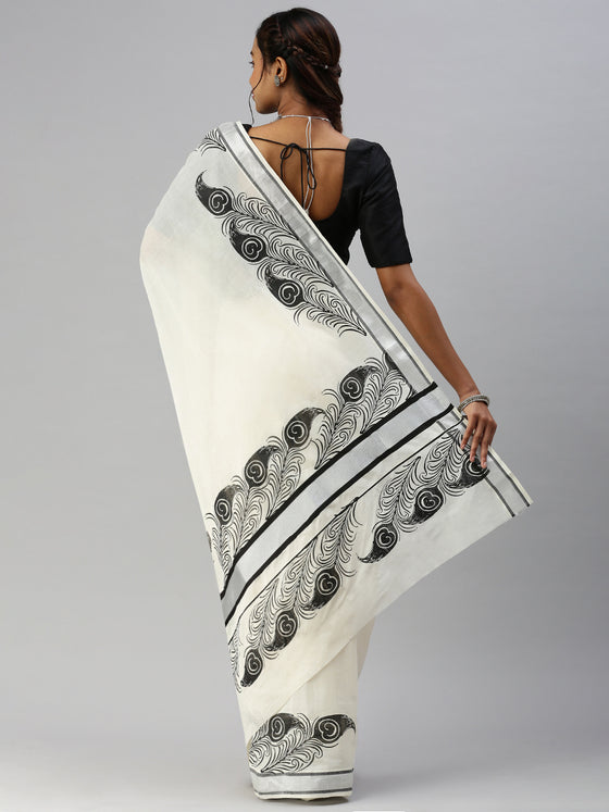 Kerala Cream Peacock Feather Printed Saree with Silver Zari Border OKS30 Onam Collection