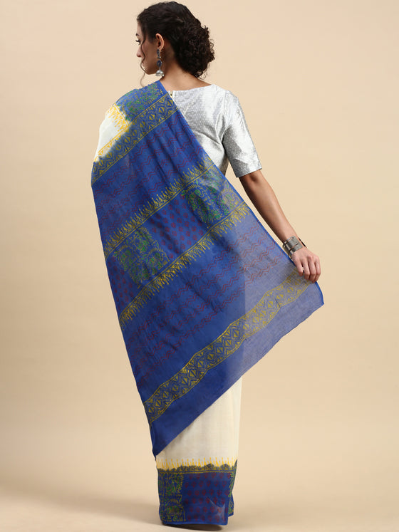 Semi Cotton Printed Saree White and Blue SCS11