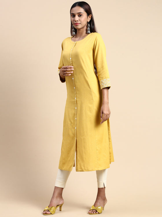 Cotton Plain Round Neck Straight Cut Mustard Kurti CPK07
