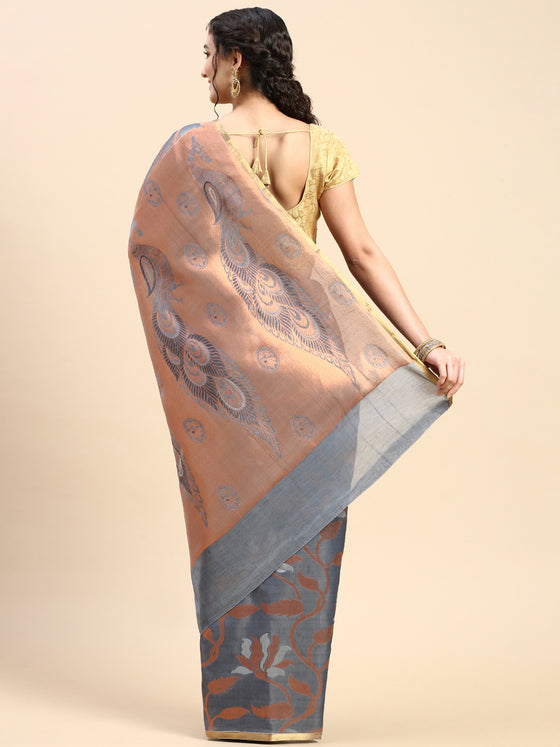 Stylish Copper Jari Grey Semi Kora Cotton Saree SK97