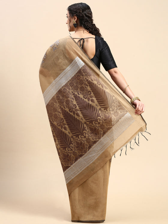 Stylish Silver Jari Khaki Flower Design Semi Kora Cotton Saree SK83