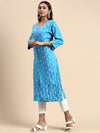 Cotton Flower Printed Round Neck Straight Cut Blue Kurti PK28
