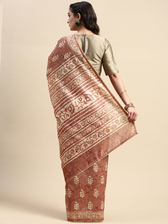 Semi Cotton Brown and Sandal Flower Printed Saree SCS25