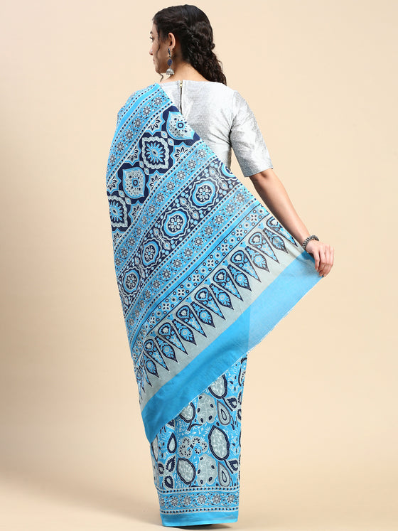 Elegant Blue & Grey Flower Printed Pure Cotton Saree PCS54
