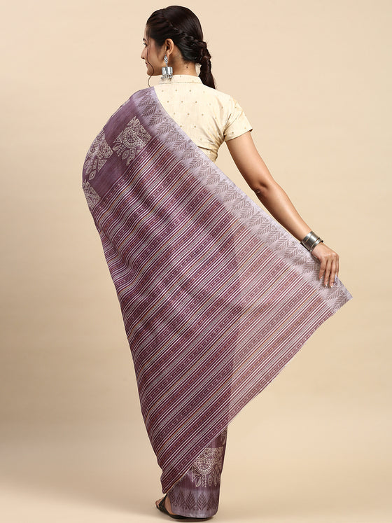 Semi Tussar Purple & Sandal Flower Embroidery Saree ST93
