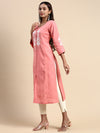 Cotton Embroidered Round Neck Straight Cut Pink Kurti EK33