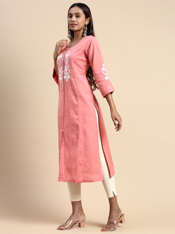 Cotton Embroidered Round Neck Straight Cut Pink Kurti EK33
