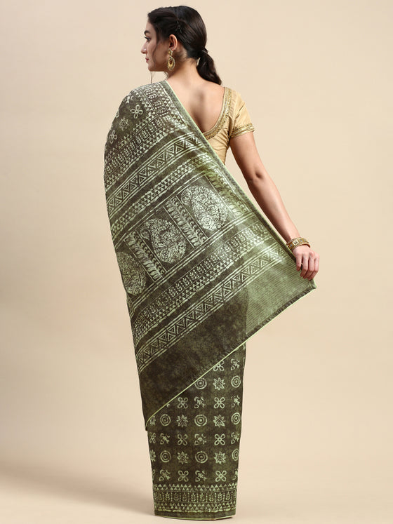 Semi Cotton Green and Sandal Flower Printed Saree SCS24