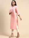 Cotton Embroidered Round Neck Straight Cut Pink Kurti EK35