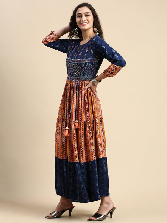 Elegant Embroidered and Printed Navy & Pink Umbrella Kurti EK21