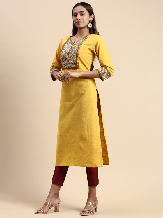 Cotton Printed Round Neck Straight Cut Mustard Kurti PK30