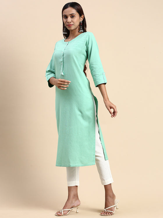 Cotton Plain Round Neck Straight Cut Green Kurti CPK02