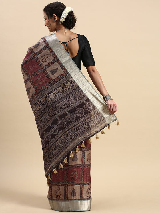 Semi Tussar Printed Saree Black with Tassels STP06