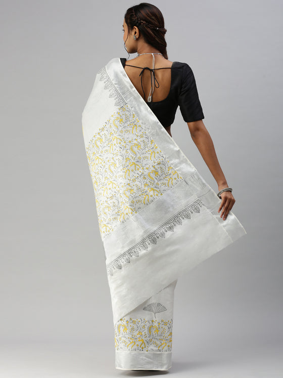 Kerala Tissue Printed Silver Jari Border Saree OKS31 Onam Collection